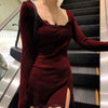 Square Neck Lace Patchwork Bodycon Black Dress Women Elegant Cotton Side Split Autumn Sexy Dress Mini Ladies Basic