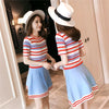 Style Summer 2 Piece Set Women Casual Outfit Knitted Skirt Suit Clothing Set Colorful Striated Tops And Knit Skirts SL048