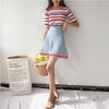 Style Summer 2 Piece Set Women Casual Outfit Knitted Skirt Suit Clothing Set Colorful Striated Tops And Knit Skirts SL048