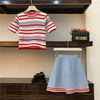 Style Summer 2 Piece Set Women Casual Outfit Knitted Skirt Suit Clothing Set Colorful Striated Tops And Knit Skirts SL048