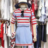 Style Summer 2 Piece Set Women Casual Outfit Knitted Skirt Suit Clothing Set Colorful Striated Tops And Knit Skirts SL048