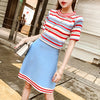 Style Summer 2 Piece Set Women Casual Outfit Knitted Skirt Suit Clothing Set Colorful Striated Tops And Knit Skirts SL048