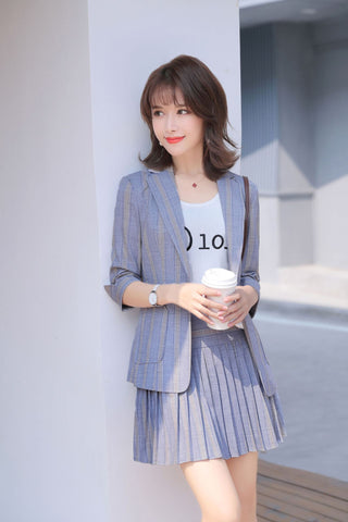 Style Women Suit Skirt  Summer  Blazer and Mini Pleated Skirt Set Complete Office Outfit Women  Skirt and Jacket Set Stripe