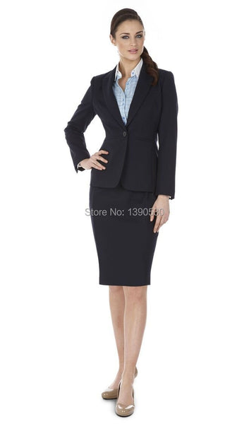 Style custom made 100% wool dark Navy OL one button peak lapel women office uniform(jacket+skirt)