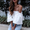 Stylish Spring Summer Women Ladies Flare sleeve Off Shoulder Solid Tank shirts Crop Tops Cropped Pullovers Blouse Costume