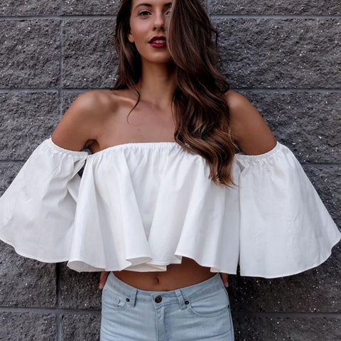 Stylish Spring Summer Women Ladies Flare sleeve Off Shoulder Solid Tank shirts Crop Tops Cropped Pullovers Blouse Costume
