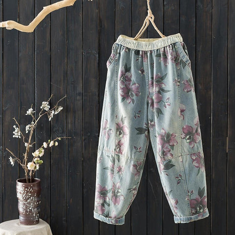 Summer Arts Atyle Women Casual Loose Print Cotton Denim Patchwork Ankle-length Pants Elastic Waist Harem Pants Jeans W703