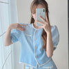 Summer Elegant Women Blue Shorts Set Puff Sleeve Single Breasted White  Plaid Top High Waist Shorts 2 Piece Sets