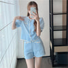 Summer Elegant Women Blue Shorts Set Puff Sleeve Single Breasted White  Plaid Top High Waist Shorts 2 Piece Sets
