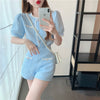 Summer Elegant Women Blue Shorts Set Puff Sleeve Single Breasted White  Plaid Top High Waist Shorts 2 Piece Sets