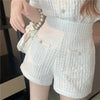 Summer Elegant Women Blue Shorts Set Puff Sleeve Single Breasted White  Plaid Top High Waist Shorts 2 Piece Sets