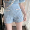 Summer Elegant Women Blue Shorts Set Puff Sleeve Single Breasted White  Plaid Top High Waist Shorts 2 Piece Sets