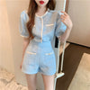 Summer Elegant Women Blue Shorts Set Puff Sleeve Single Breasted White  Plaid Top High Waist Shorts 2 Piece Sets