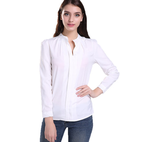 Summer Women V-Neck Chiffon Blouse Long Sleeve Solid Color Shirts Loose Type Casual Tops