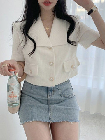 Summer Women's Shirt Coat All-match Thin Pearl Button Women's Short Casual Short-sleeved Solid Color Coat Shirt Top