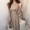 Sweater Long Dress Women Ruffles Slim Bodycon Long Sleeve O-neck Pleated Lace-up Dresses Chic Korean Dress Femme Vestidos