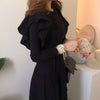 Sweater Long Dress Women Ruffles Slim Bodycon Long Sleeve O-neck Pleated Lace-up Dresses Chic Korean Dress Femme Vestidos