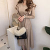 Sweater Long Dress Women Ruffles Slim Bodycon Long Sleeve O-neck Pleated Lace-up Dresses Chic Korean Dress Femme Vestidos