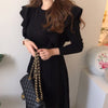 Sweater Long Dress Women Ruffles Slim Bodycon Long Sleeve O-neck Pleated Lace-up Dresses Chic Korean Dress Femme Vestidos