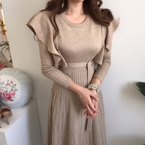 Sweater Long Dress Women Ruffles Slim Bodycon Long Sleeve O-neck Pleated Lace-up Dresses Chic Korean Dress Femme Vestidos