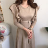Sweater Long Dress Women Ruffles Slim Bodycon Long Sleeve O-neck Pleated Lace-up Dresses Chic Korean Dress Femme Vestidos