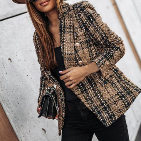 Thin Suit Lady Long-sleeved Blazer Casual Double-breasted Check Blazer Slim Fit Office Lady Elegant Chic Jacket Street Coat
