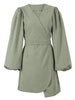V-neck High Waist Lantern Sleeve Ladies French Dress Long Sleeve Skirt  Woman Dress  Dresses Women  Willon Green Dress