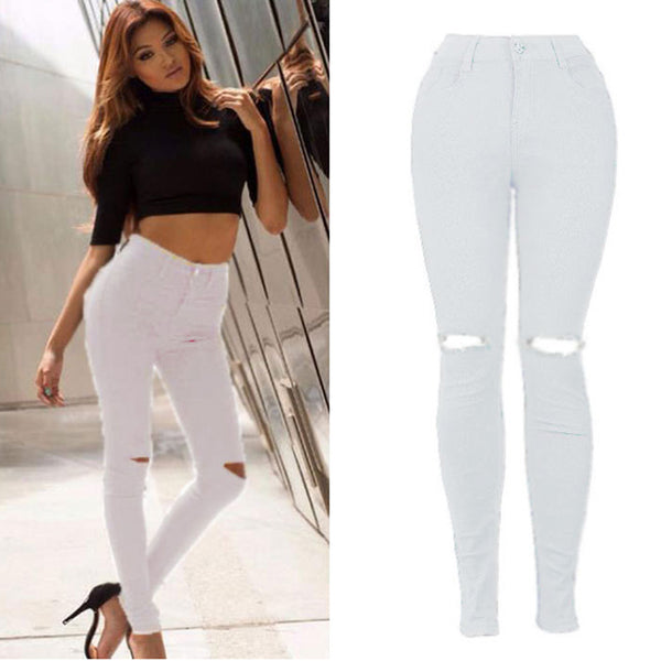 New White Hole Ripped Jeans Women Cool Denim High Waist Elastic Pants Capris Female Skinny black Casual Pencil Jeans 833795