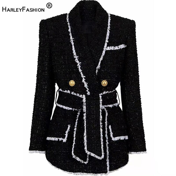 Winter Shawl Collor Elegant Warm Thick Fabric Woven Tweed Casual Women Bodycon Jacket Quality Blazer with Belt