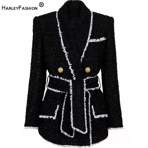 Winter Shawl Collor Elegant Warm Thick Fabric Woven Tweed Casual Women Bodycon Jacket Quality Blazer with Belt