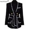 Winter Shawl Collor Elegant Warm Thick Fabric Woven Tweed Casual Women Bodycon Jacket Quality Blazer with Belt