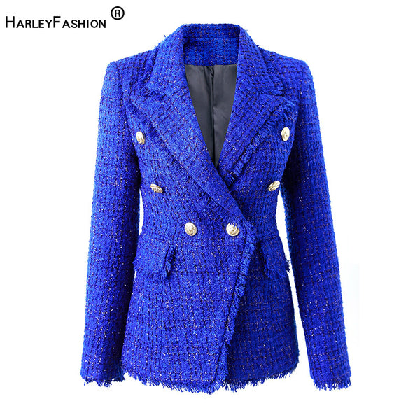 Winter Thick Fabric Tweed Royal Blue Jackets for Women 2023 Shining Skinny  Lady Blazer