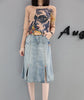 With Belt! Spring Summer Women's  Twinset Set Coffee Cool Ladies Print Tees Tops And Denim Jeans Skirt Suits NS950