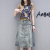 With Belt! Spring Summer Women's  Twinset Set Coffee Cool Ladies Print Tees Tops And Denim Jeans Skirt Suits NS950