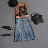 With Belt! Spring Summer Women's  Twinset Set Coffee Cool Ladies Print Tees Tops And Denim Jeans Skirt Suits NS950