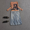 With Belt! Spring Summer Women's  Twinset Set Coffee Cool Ladies Print Tees Tops And Denim Jeans Skirt Suits NS950