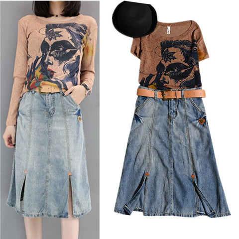 With Belt! Spring Summer Women's  Twinset Set Coffee Cool Ladies Print Tees Tops And Denim Jeans Skirt Suits NS950
