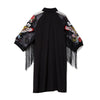 Woman Plus Size Black Casual Shirt Dress 3/4 Mesh Sleeves Eagle Embroidery Fringe Ladies Midi Straight Party Dress Robe 3398