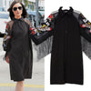 Woman Plus Size Black Casual Shirt Dress 3/4 Mesh Sleeves Eagle Embroidery Fringe Ladies Midi Straight Party Dress Robe 3398