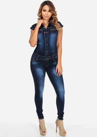 New Women Blue Jeans Jumpsuit Ladies Club Night Wear Rompers Women Sexy Single-breasted Slim Button Zipper Denim Jumpsuits