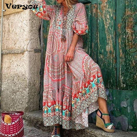 Women Chic Retro Floral Print Boho Dress 2023 Spring Half Sleeve Ruffle Maxi Dress Summer V Neck Button Beach Holiday Dress