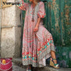Women Chic Retro Floral Print Boho Dress 2023 Spring Half Sleeve Ruffle Maxi Dress Summer V Neck Button Beach Holiday Dress