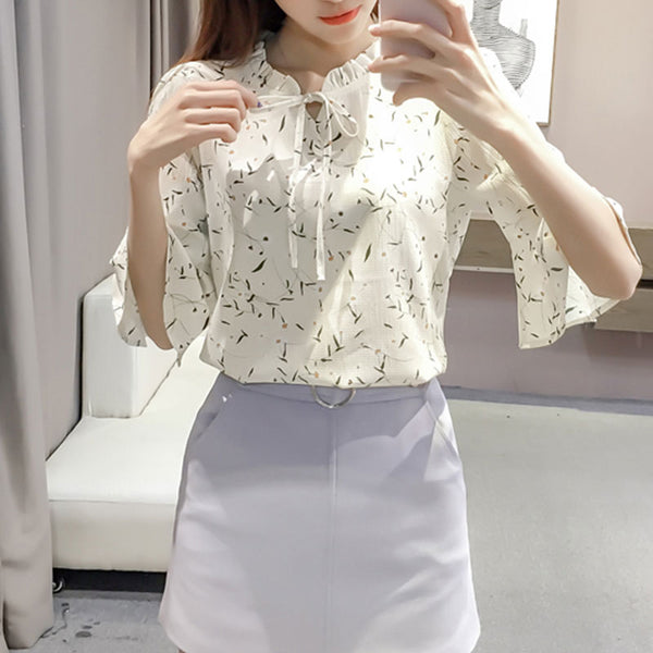 New Women Chiffon Blouse Shirts Summer Casual Floral Print Ruffles Flare Half Sleeve Lace-up Elegant Blouses Tops Plus Size 3XL