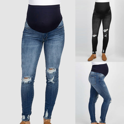 Women Clothes Pregnancy Solid Color Hole High Jeans Flares Ankle For Pregnant Pant Trouser Jeans For Maternity Pants