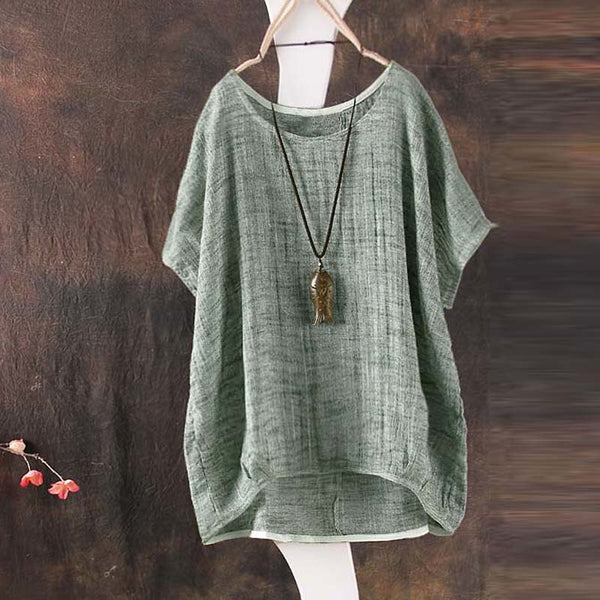New Women Cotton Linen Loose shirt Batwing Sleeve Solid Casual Crew Neck polyester Summer Hem Irregular Vintage Blusa Plus Size