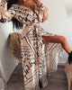 Women  Letter Print Maxi Dress Boho V-neck Long Dress Spring Summer Autumn Slit Beach Robe Femme Casual Loose Dresses