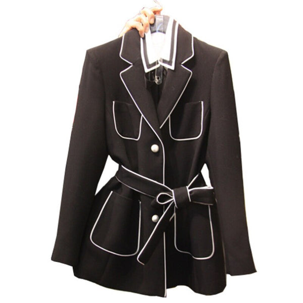 Women Long Sleeve Solid Patchwork Lace Up Pockets Single Breasted Casual Blazers Coat