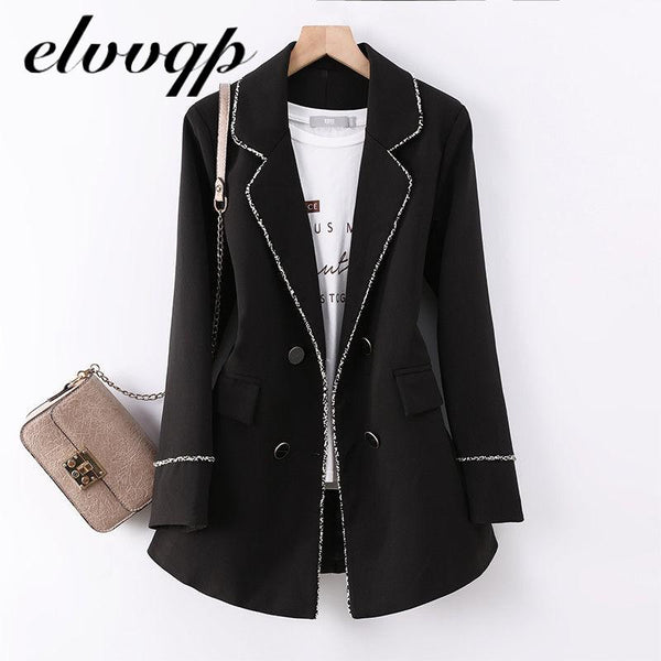Women Notched Collar Blazer With Slanted Pocket Fall Winter Elegant Office Work Double Breasted Jackets Slim Coat