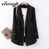 Women Notched Collar Blazer With Slanted Pocket Fall Winter Elegant Office Work Double Breasted Jackets Slim Coat
