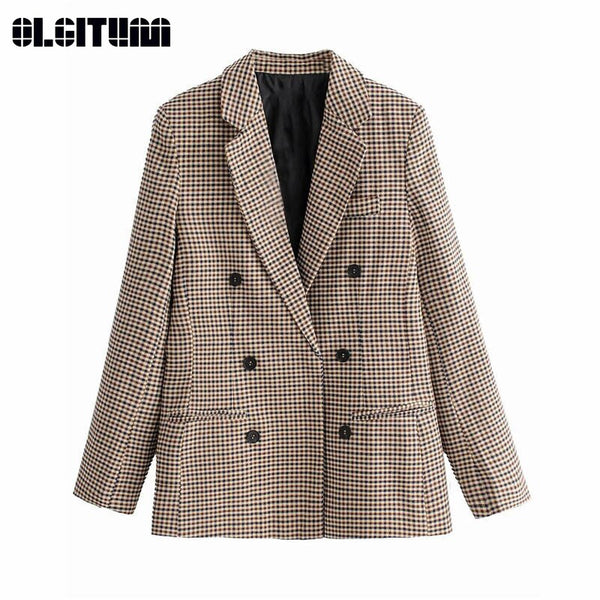 Women Plaid Blazer 2023 Spring Autumn Double Breasted Slim Long Sleeve Coat Office Suit Lady Outerwear Jacket Female BL040